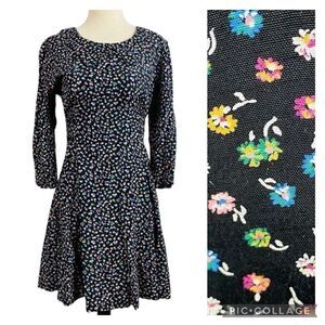 VTG 80s SL Petite Dagger Collar Navy Floral Tie Back Mini Dress Long Sleeves